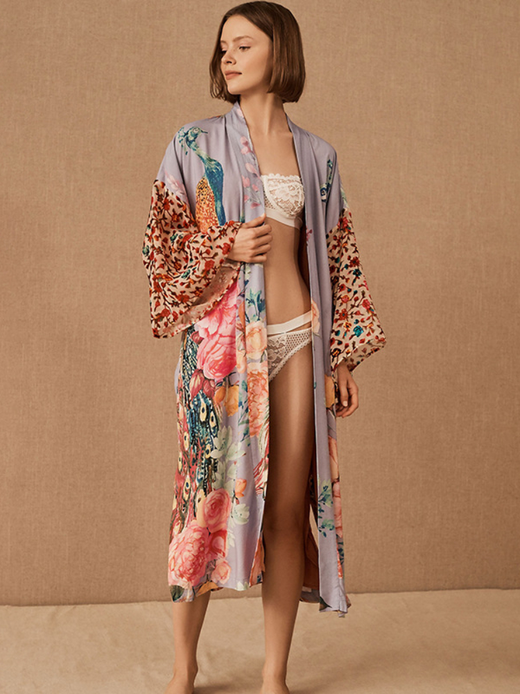 Kimono de plage imprimé Peocock pour femmes, cover-up, robes rondes auto-ceinturées, maillots de bain de bord de mer, vêtements de plage