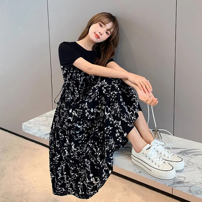 T-shirt femme faux deux pièces style coréen robe d'été mi-longue imprimé fleuri Boho décontracté quotidien en mousseline de soie robe noire florale