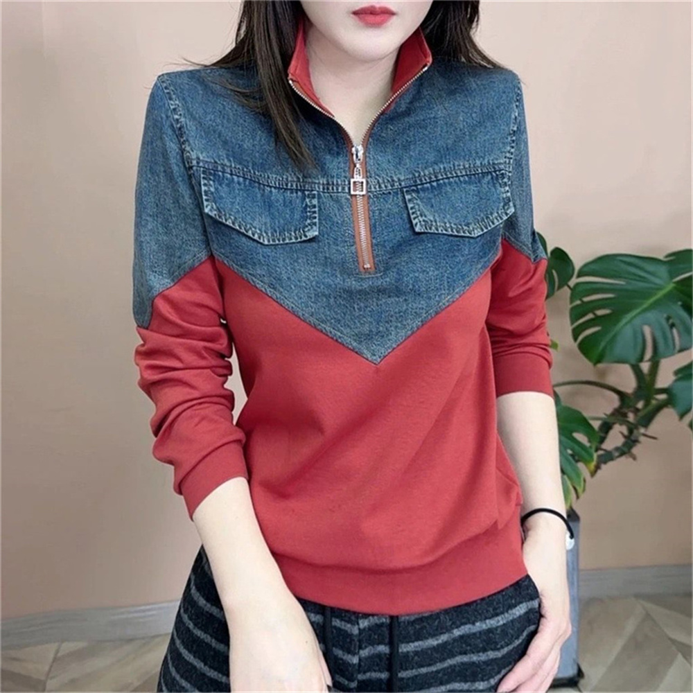 Veste femme grande taille col montant maman 2025 printemps mode nouveau décontracté fermeture éclair Denim couture fond chemise veste