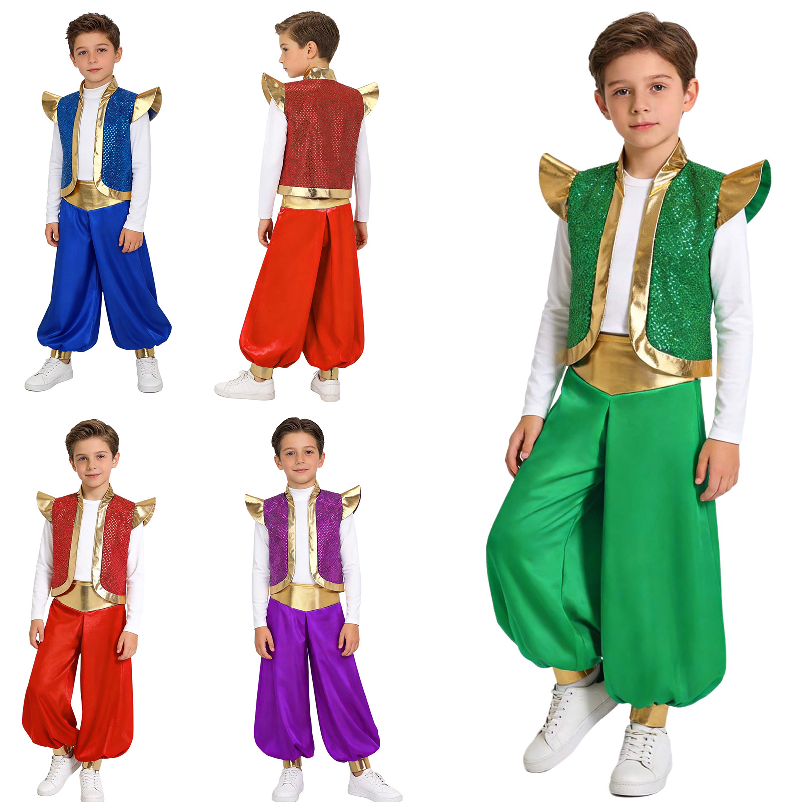 Costumes de cosplay arabes pour garçons, 2 pièces, veste arabe à paillettes métalliques avec pantalon ample à taille haute, ensemble pour fête de cosplay d'Halloween