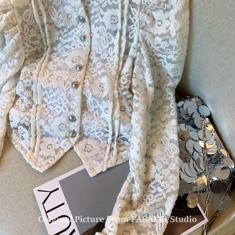 Chemisier femme chemises et chemisiers dentelle crocheté manches à bulles chemise femme printemps Plus velours rembourré col Semi-haut chemisier