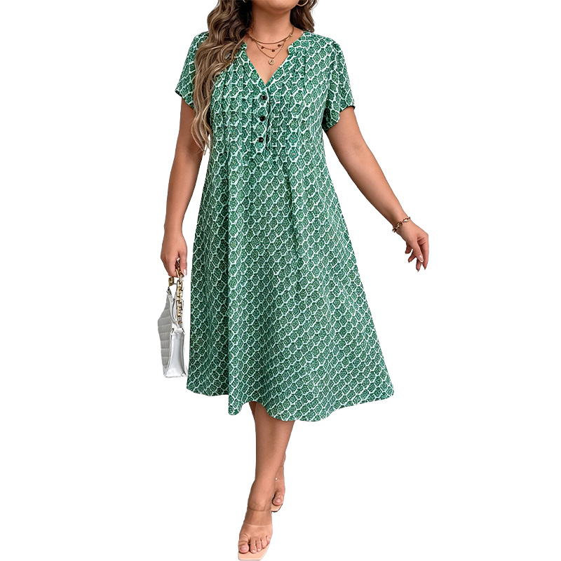 Robe mi-longue à col en v pour femmes, grande taille, manches courtes, imprimé boutonné, robe décontractée d'été avec poches pour les vacances