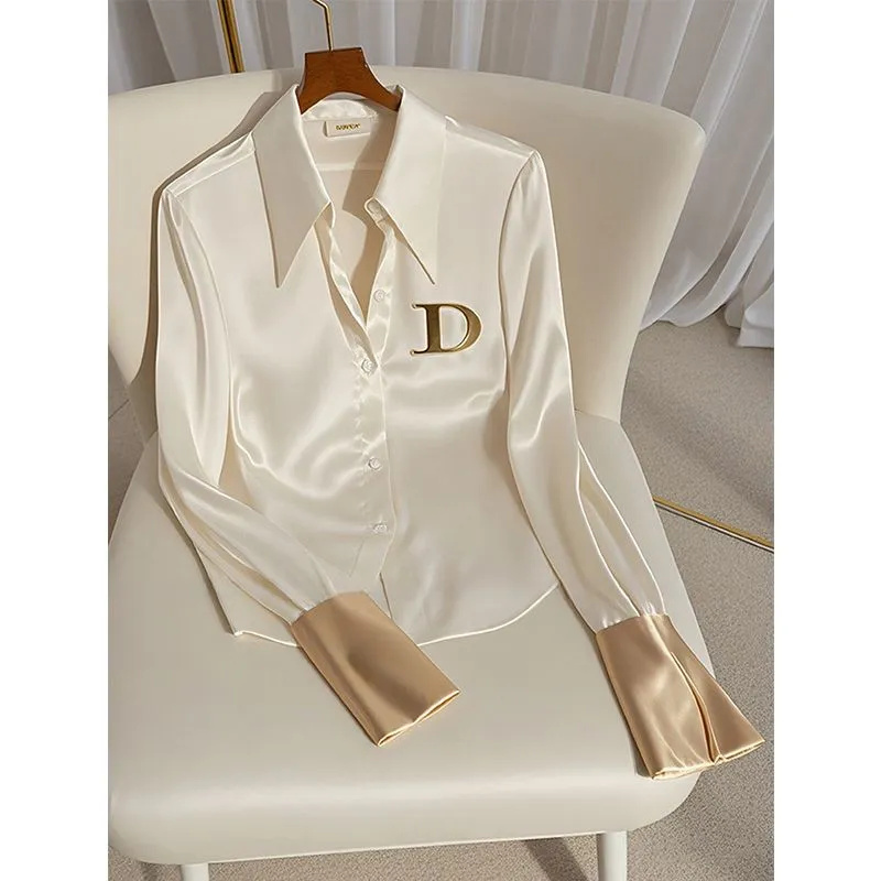 2024 chemise blanche femme Design Sense printemps automne mode lettre à manches longues dessus de chemise simple boutonnage Blouse manteau femmes