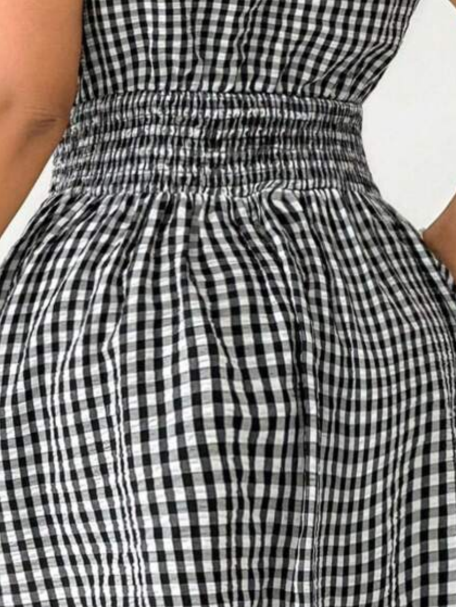 Robe décontractée sans manches à imprimé vichy et taille froncée, coupe ajustée, grande taille pour femme