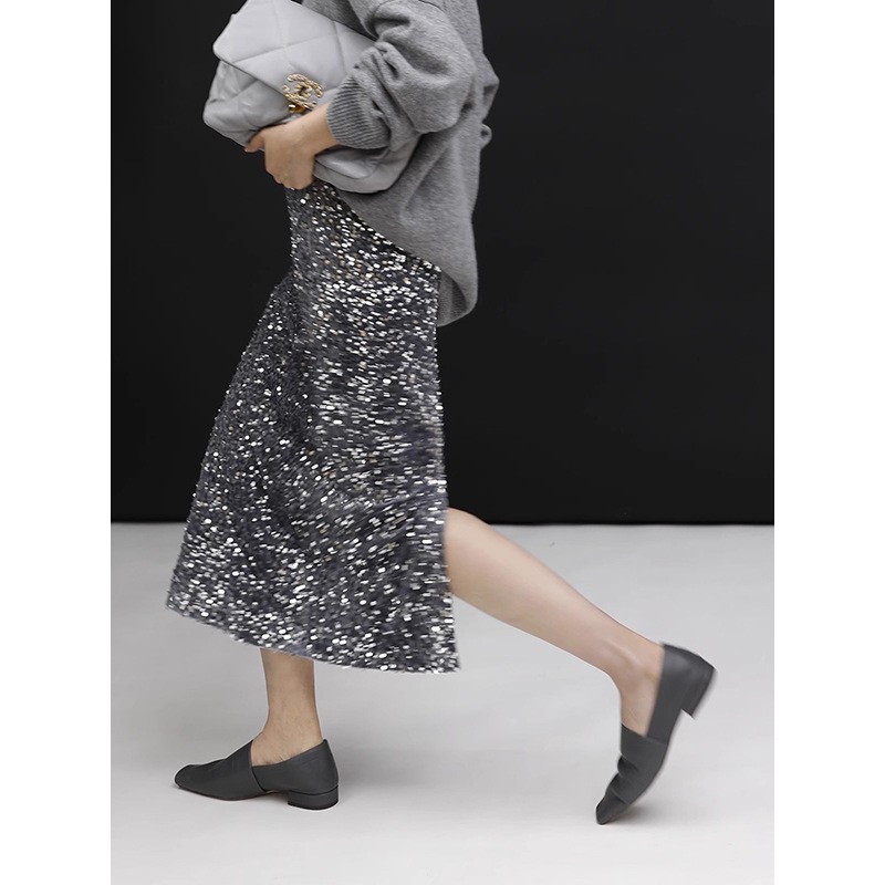 Jupe midi à sequins pour femme, style streetwear, taille haute, coupe droite, fendue, printemps automne 2026, Y2k
