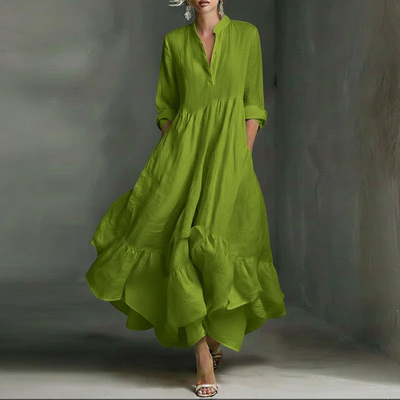 Robes décontractées pour femmes Printemps 2026 – Élégante robe longue trapèze à col en V et taille haute, style rétro uni, manches 3/4, ourlet à volants, robe maxi bohème