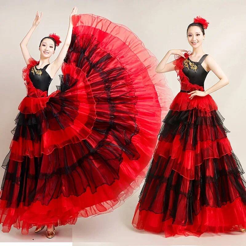 Robe de spectacle de flamenco espagnol pour femmes, jupe ample à grande ouverture, costume de scène espagnole