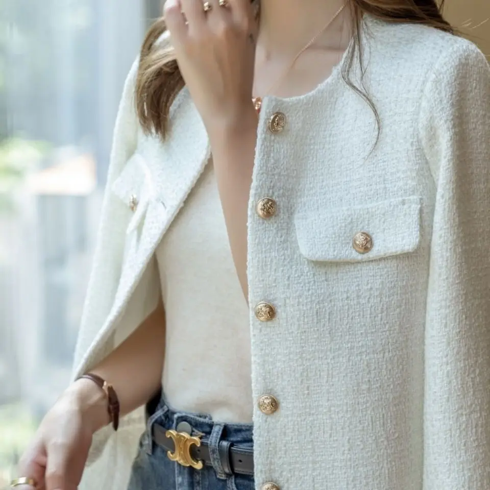 Manteau en tweed de laine français pour femme, veste combinée coréenne, bouton doré, manteau de tempérament court et mince, mode haut de gamme, printemps et automne, nouveau