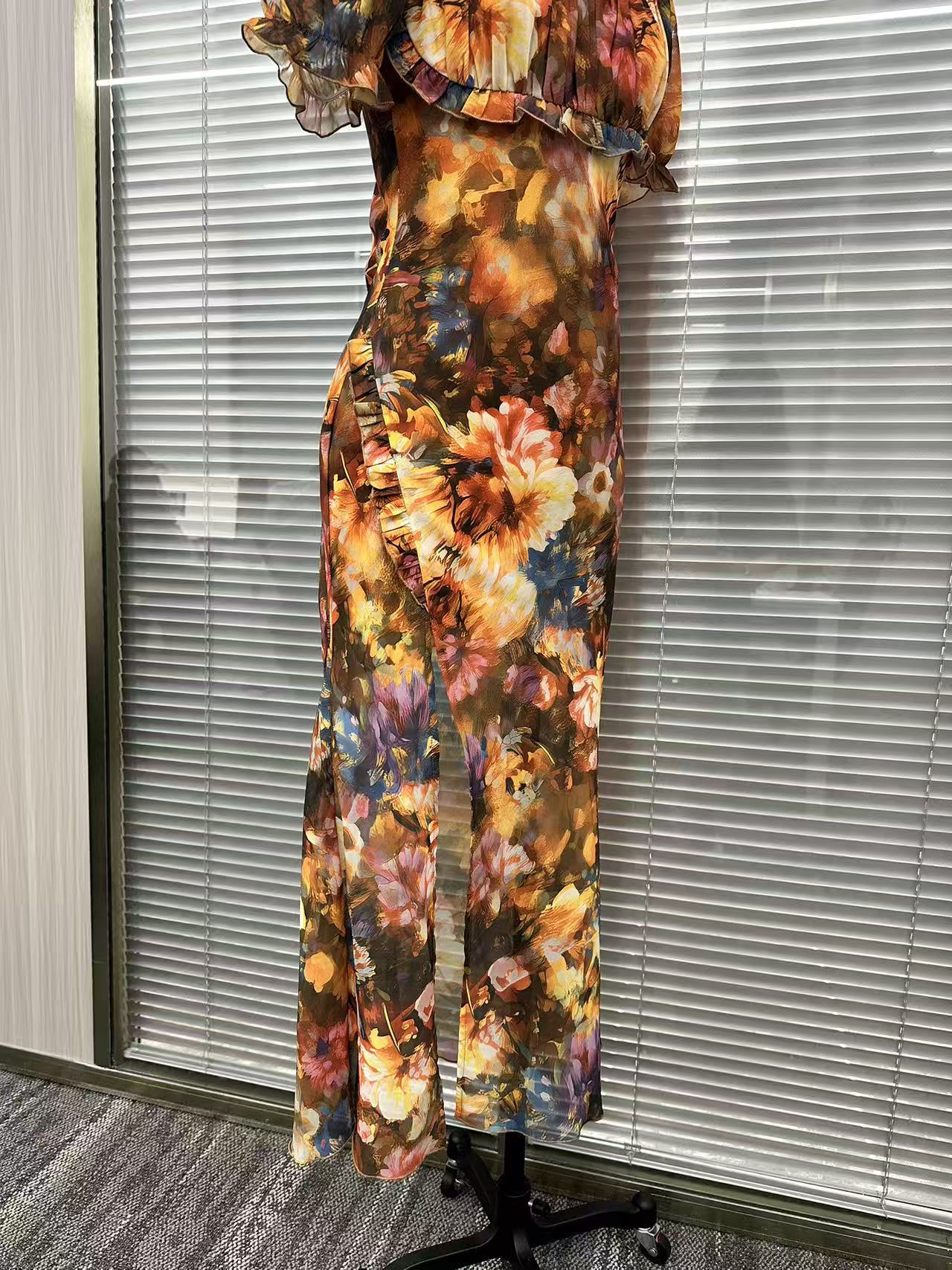 Nouvelle Robe Longue Bohème Florale Femme Sexy à Col Carré Froncée Fendue Moulante Manches Bouffantes Volants Robe de Soirée Été
