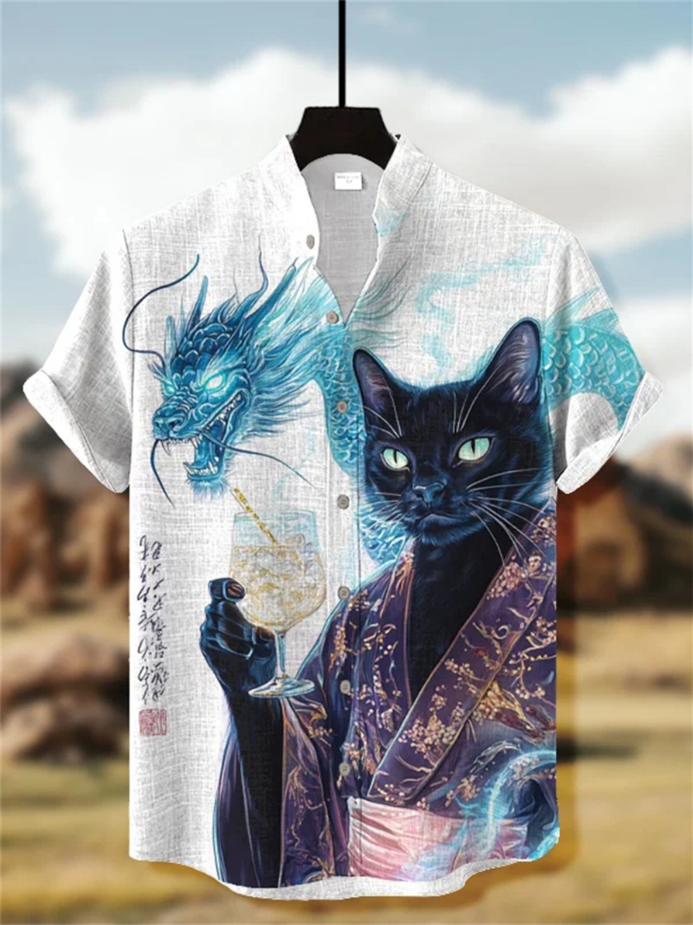 Chemise en lin imprimé chat Kimono de Style japonais pour hommes, col montant à la mode, manches courtes, expédition rapide, été