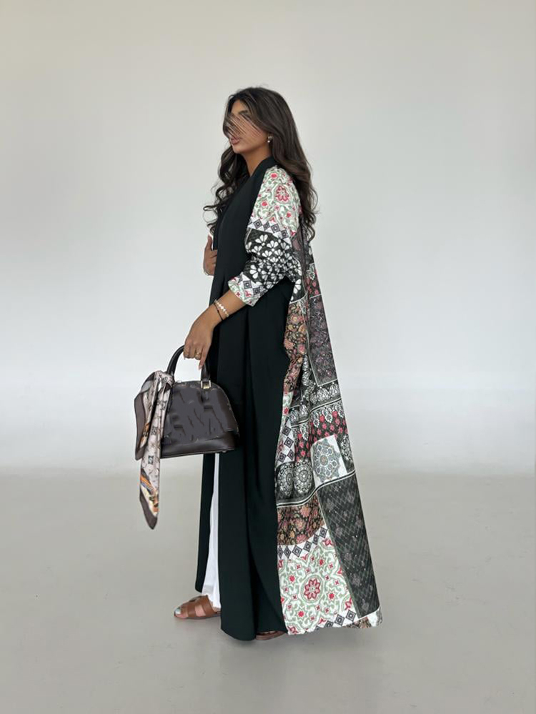 Abaya arabe ample et élégante à manches longues à imprimé floral irrégulier