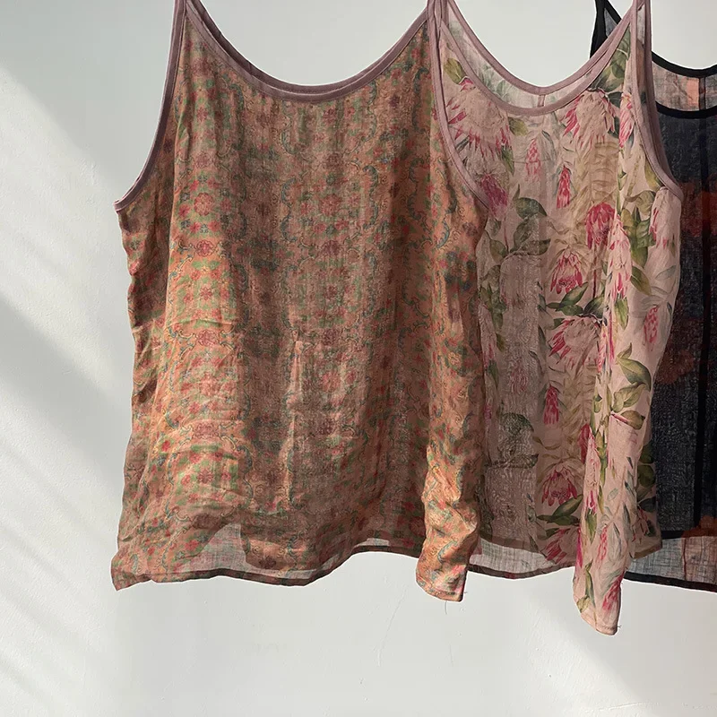 Camisole en fibre de ramie imprimée de style coréen pour femmes, bretelles spaghetti, col en V glacé, précieux, doux, décontracté, nouveau, 2024
