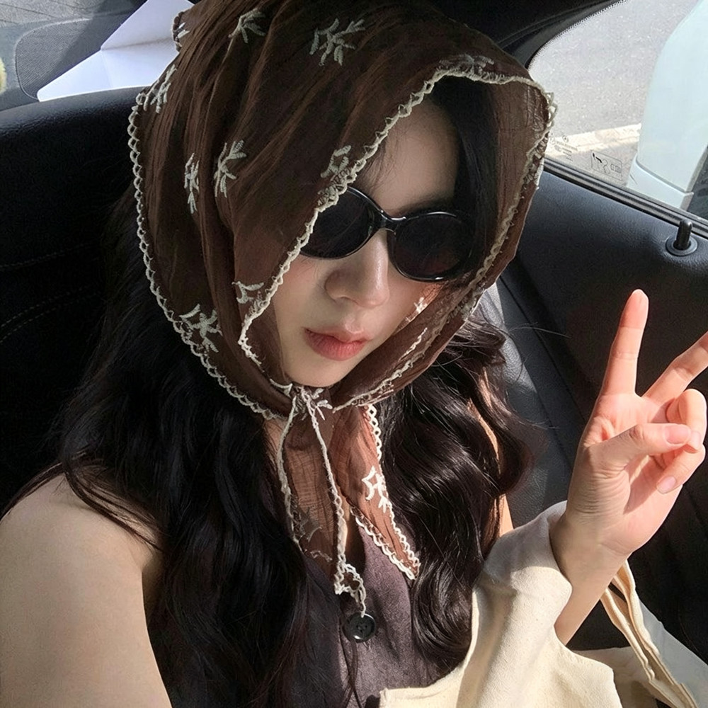 Foulard de cou, châle, bandeau, bandana, mouchoir, écharpe de tête, style pastoral bohème, en dentelle florale et coton lin, triangulaire, pour l'été