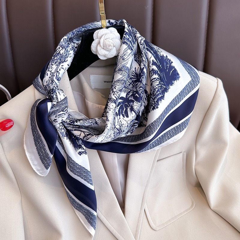 1 pièce Foulard carré 70 cm imprimé végétal pour femme, en soie simulée, élégant et polyvalent, pour la tête, les sacs, les vêtements et les accessoires