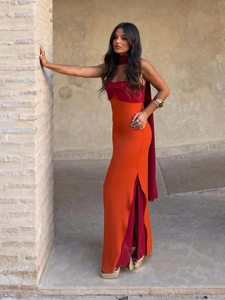 Nouvelle Robe Longue Chic Femme 2026 à Col Écharpe Color Block, Sexy, Fendue, Moulante, avec Taille Cintrée, pour Soirée