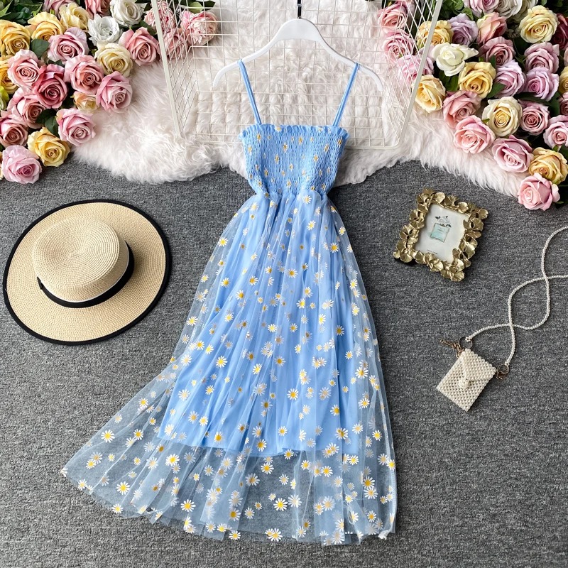 Robes à imprimé floral pour femmes, robe en maille de dentelle, robe à bretelles spaghetti, soirée de fête, coréen Kawaii, éducatif, été, sexy