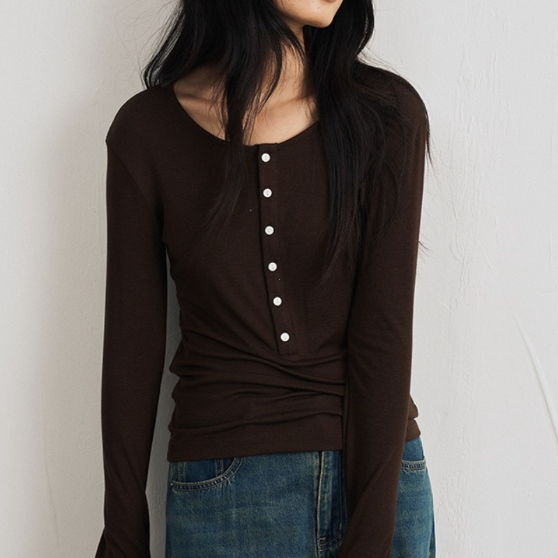 Chemise basique en laine de soie pour femmes, tricot Slim à col rond et boutons, haut à manches longues rayé de couleur unie, automne hiver