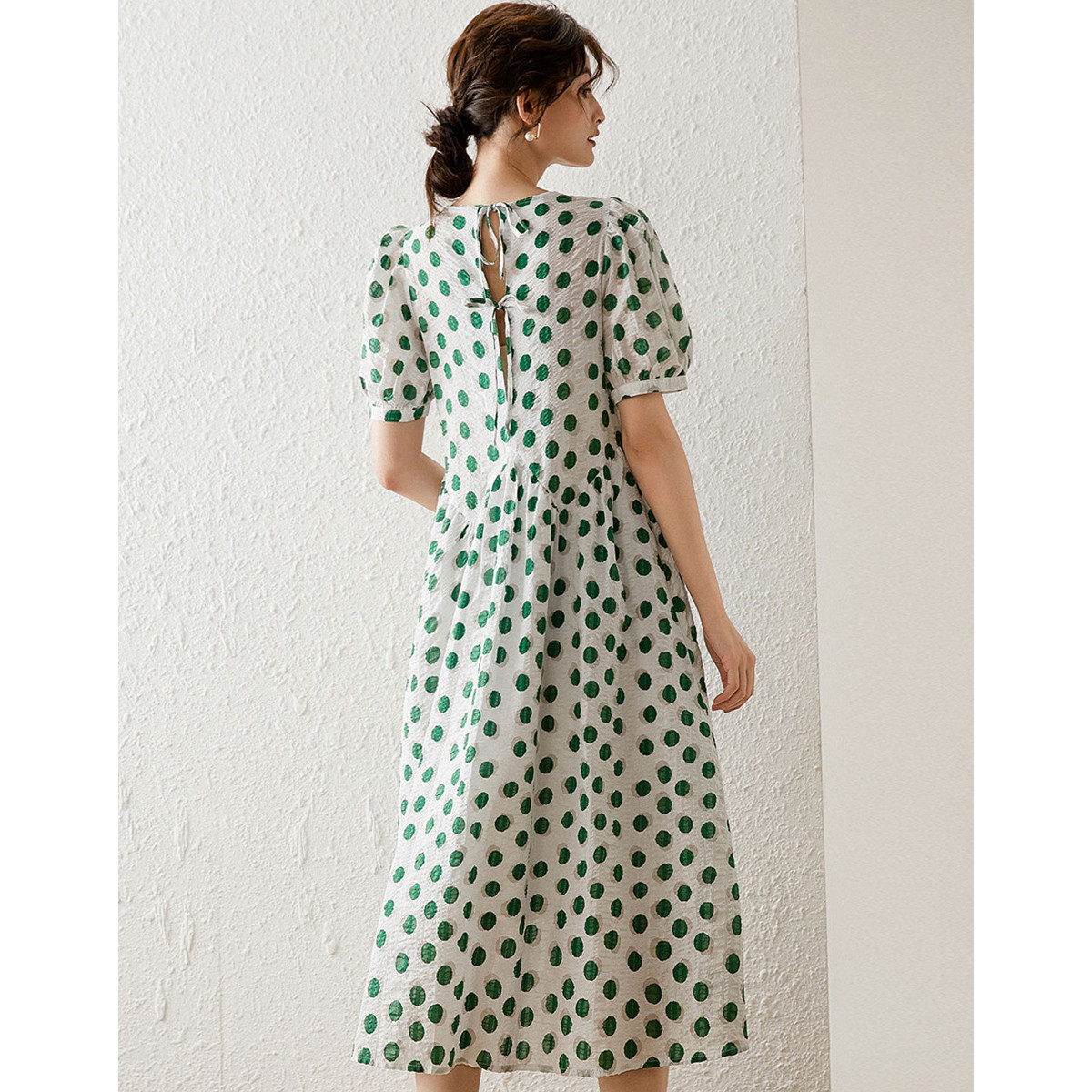 Robe décontractée LOUIS YAO à pois pour femme, collection été 2026, style vintage, manches bouffantes, col rond, manches courtes, avec lacets