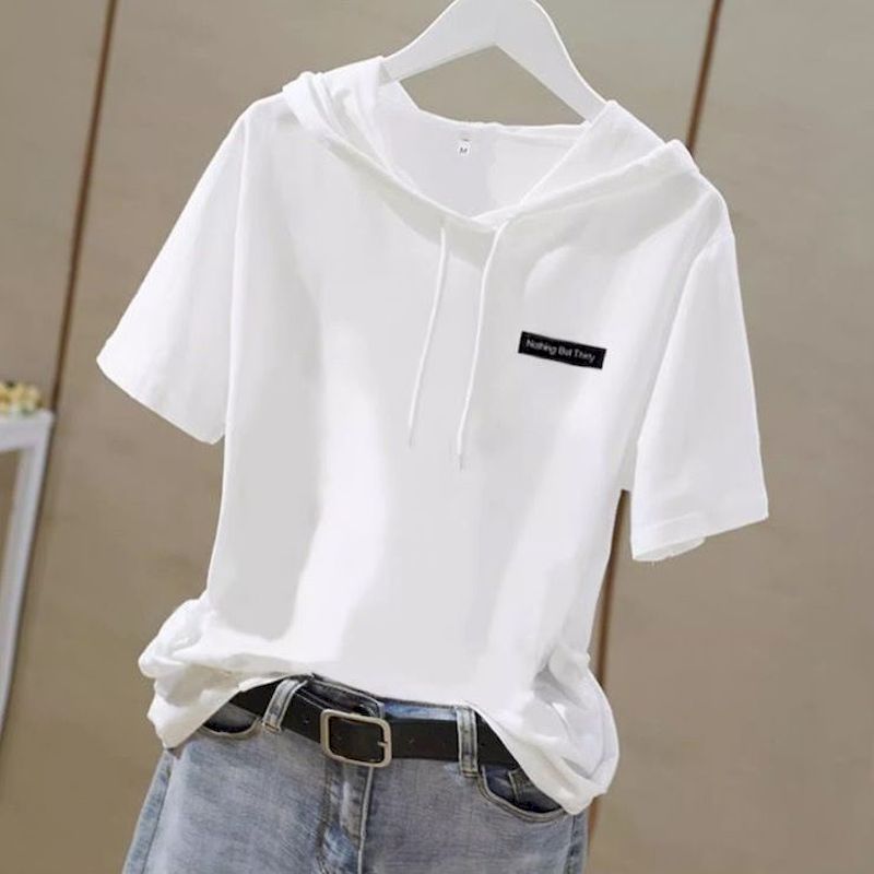 T-shirt blanc à capuche pour femmes, ample, en coton flammé, manches courtes, tendance d'été 2025, T-shirt fin, Design décontracté, surdimensionné