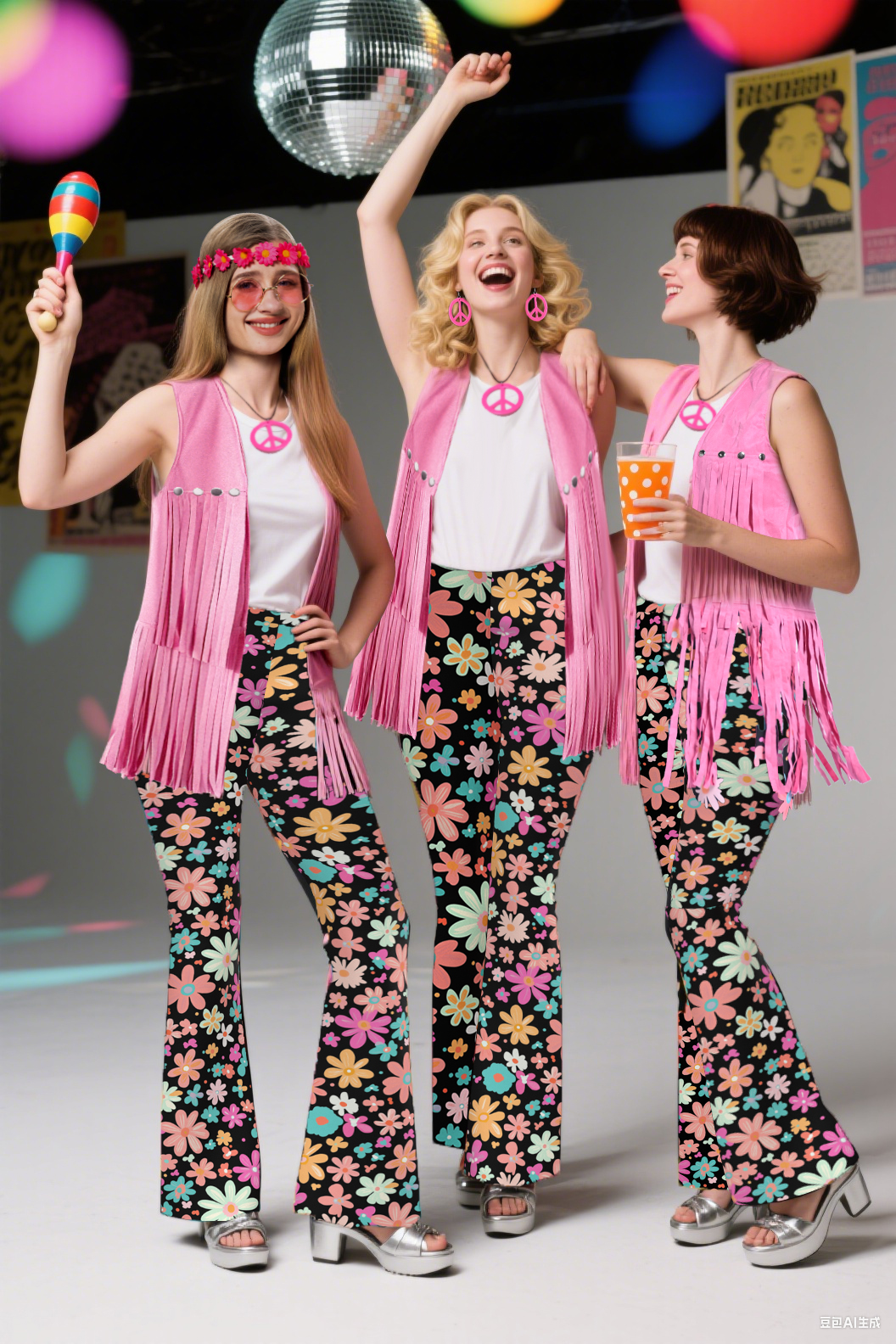 Tenues pour femmes des années 60 et 70, costume hippie rétro, gilet à franges avec signe de paix, ensemble de pantalons évasés pour fête d'Halloween