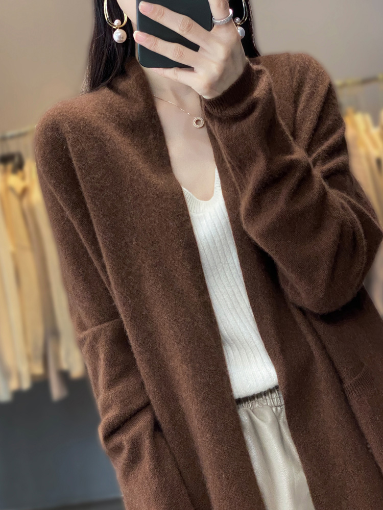 Cardigan en laine mérinos marron pour femme, collection automne-hiver 2026, tricoté, à manches longues, ample, chaud, style coréen, pour Noël