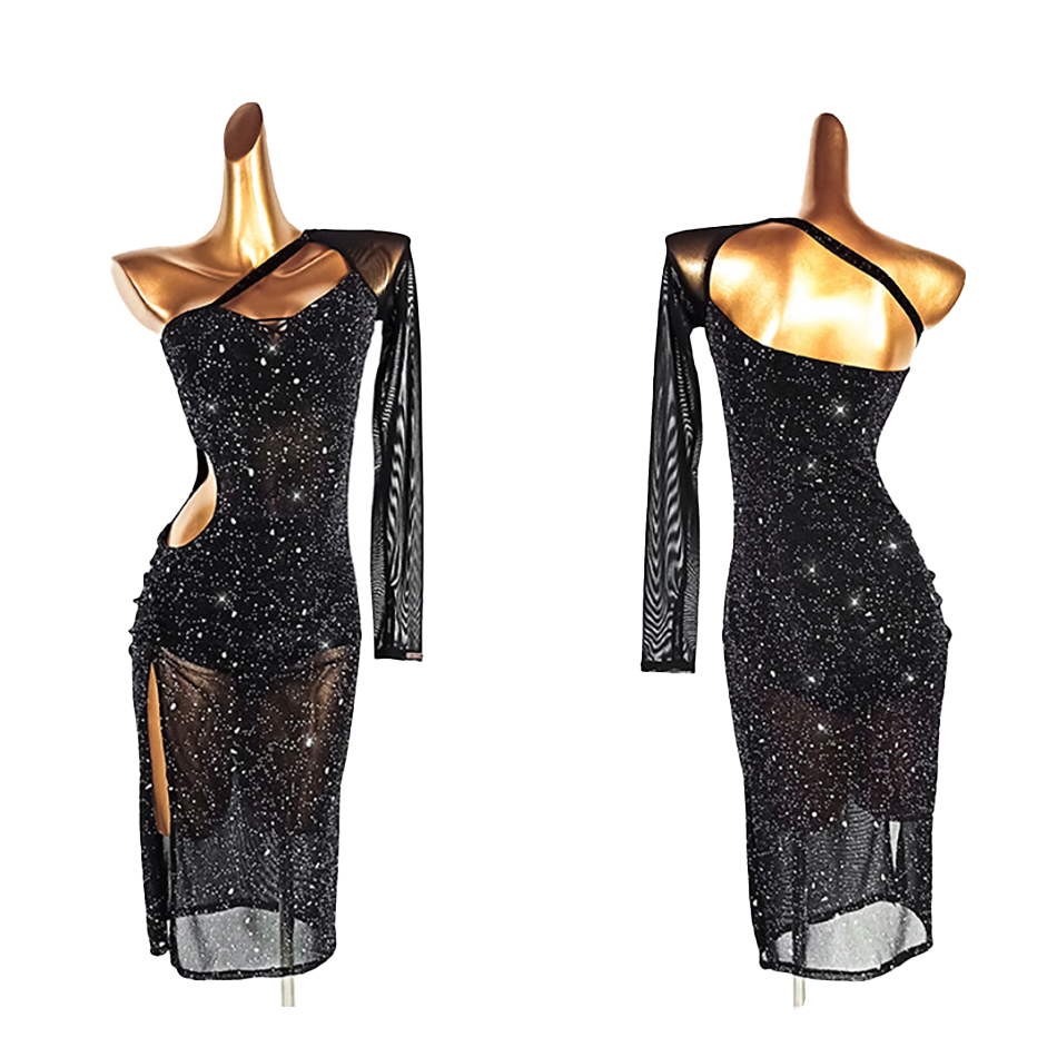 Robe de danse latine en maille noire, Patchwork, Sexy, dos nu, scintillante, Costume de performance sur scène, danse de salle de bal, ChaCha Rumba, vêtements de danse