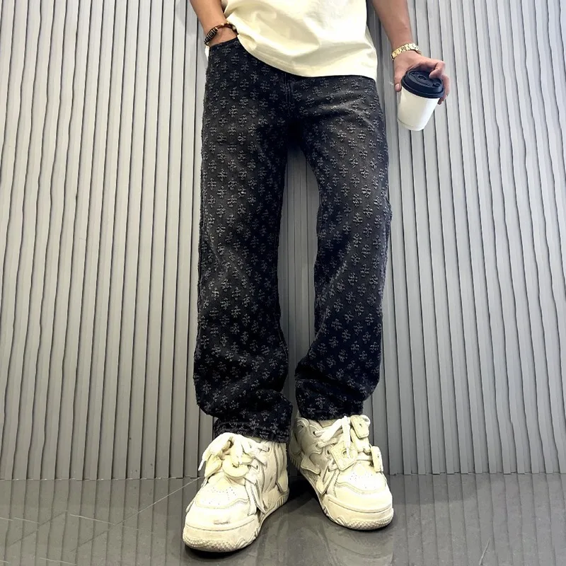 Jeans imprimés brodés rétro pour hommes, vêtements de rue américains, marque de mode, Design de célébrité d'internet, Y2K, jambes larges, Hip Hop