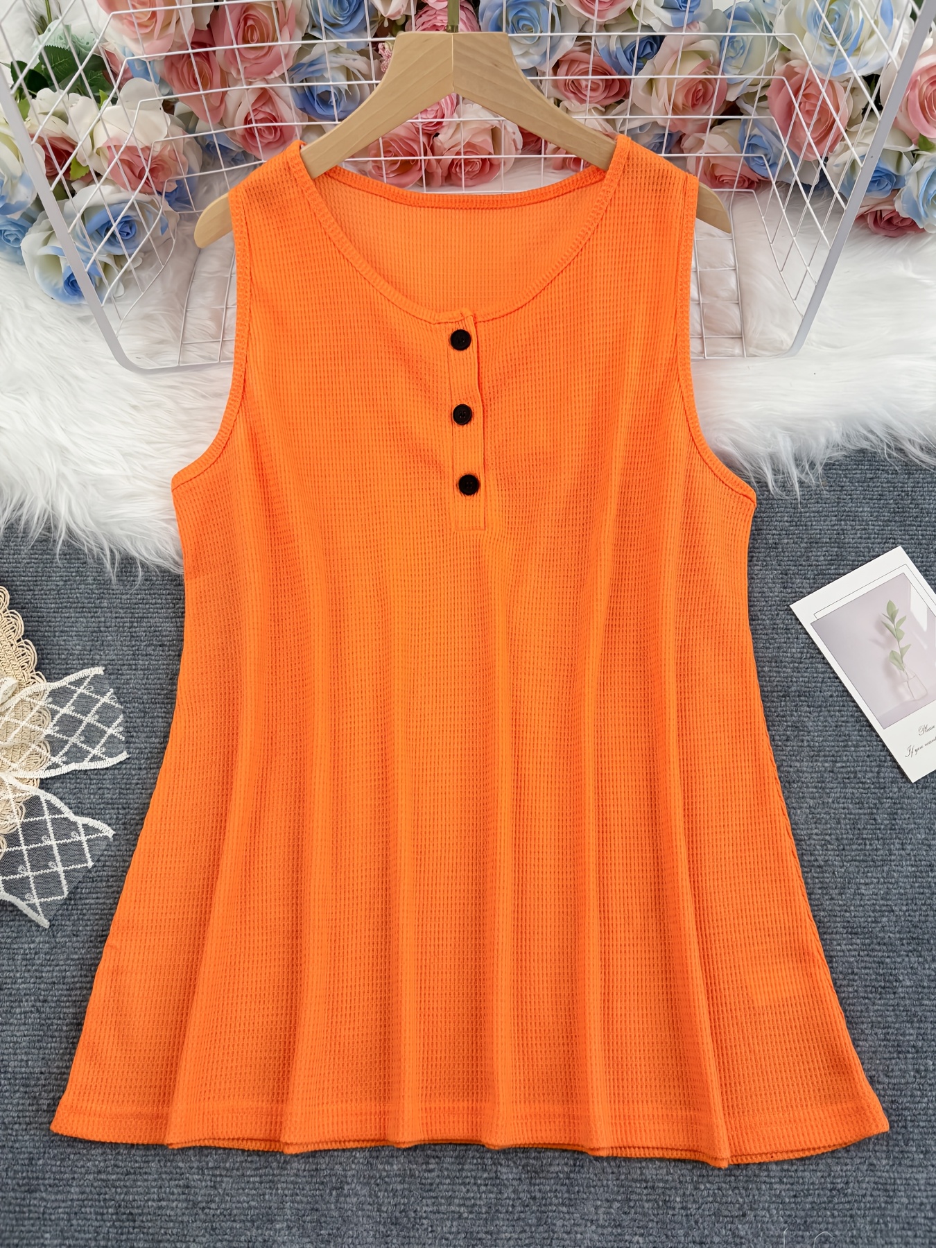 Débardeur Henley sans manches en tricot gaufré élastique uni pour femme grande taille, coupe ample, décontracté, basique, pour l'été et le quotidien