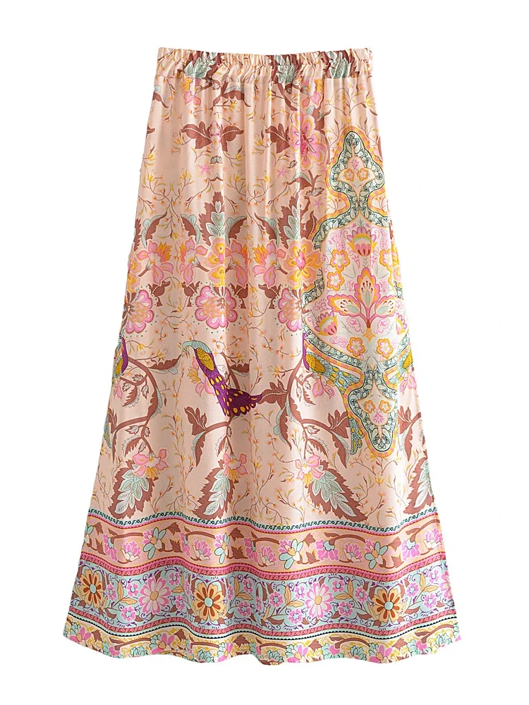Vintage paon imprimé fleuri gland plage bohème Maxi jupe pour les femmes taille élastique rayonne coton longue plissée Boho jupes