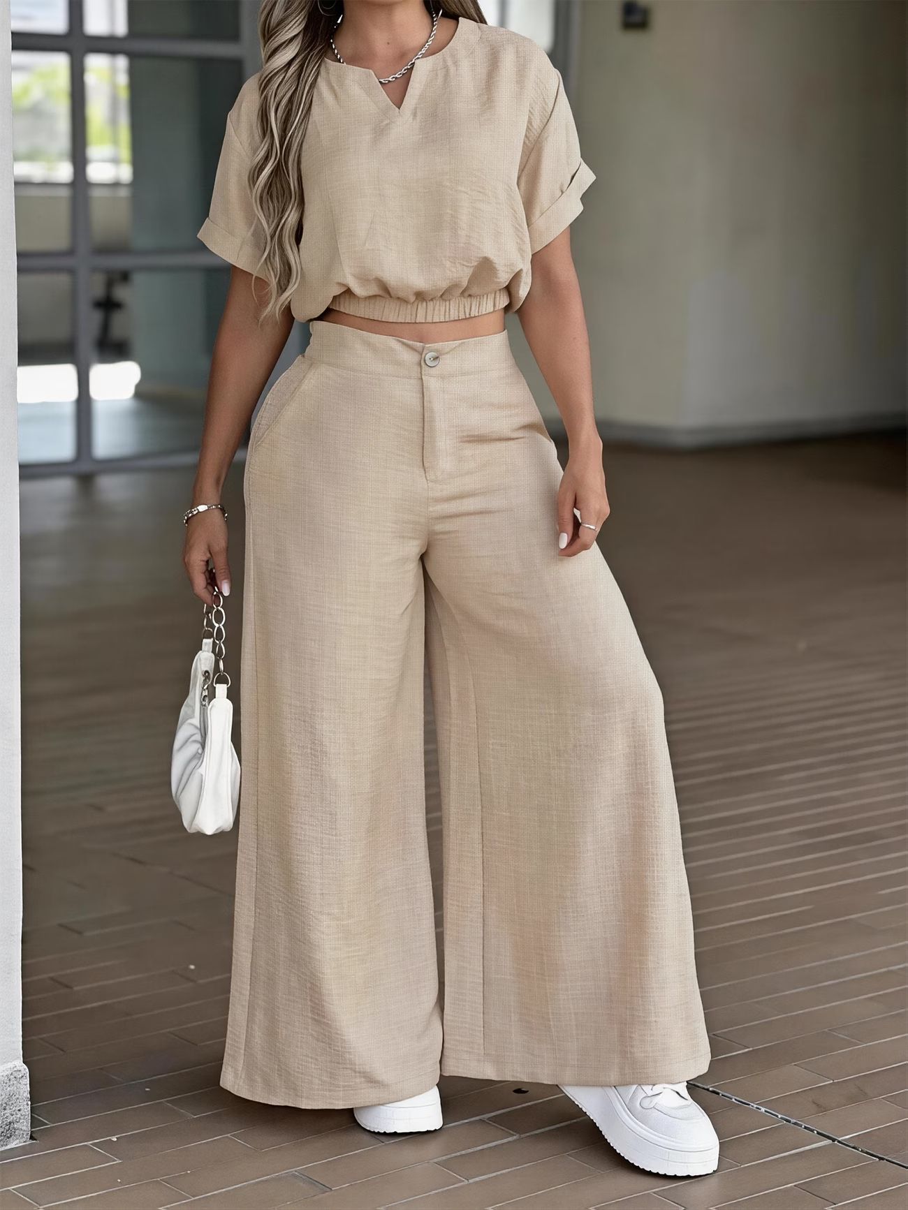 Ensemble élégant pour femme, pantalon large drapé taille haute de couleur unie avec haut à taille élastique