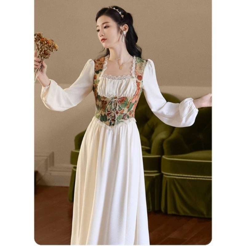 Robe corset vintage à imprimé floral pour femmes, robe midi à manches longues et col carré en dentelle, robe de soirée élégante style cottagecore