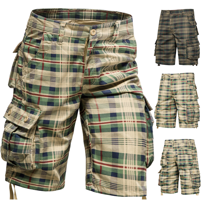 Pantalon moyen pour hommes, été, coton, confortable, Sports de plein air, plage, tendance, short à carreaux, ample, droit, grande taille, Cargo