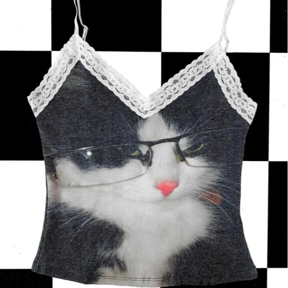 Gilets Camisole à bord en dentelle pour fille épicée, polyvalents à la mode, coupe cintrée, gilets imprimés de chat mignon de rue, pur désir européen et américain