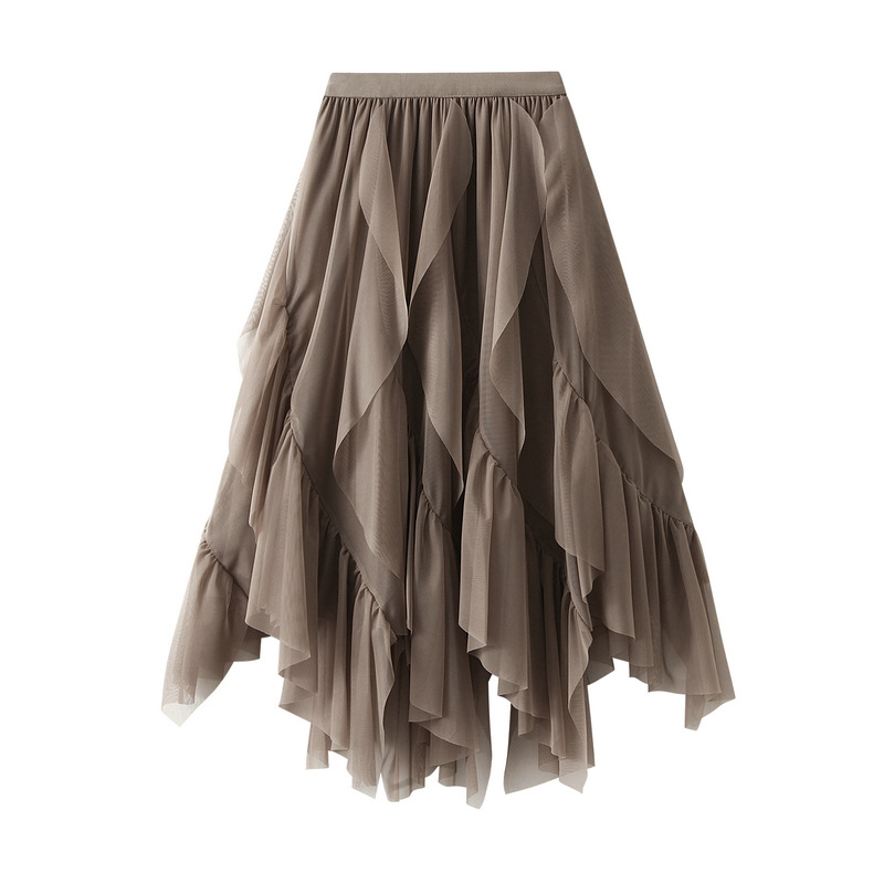 Jupe mi-longue décontractée en maille à volants pour femmes, nouvelle collection d'été, slim, élastique, taille haute, doublure en maille unie, vêtements pour femmes