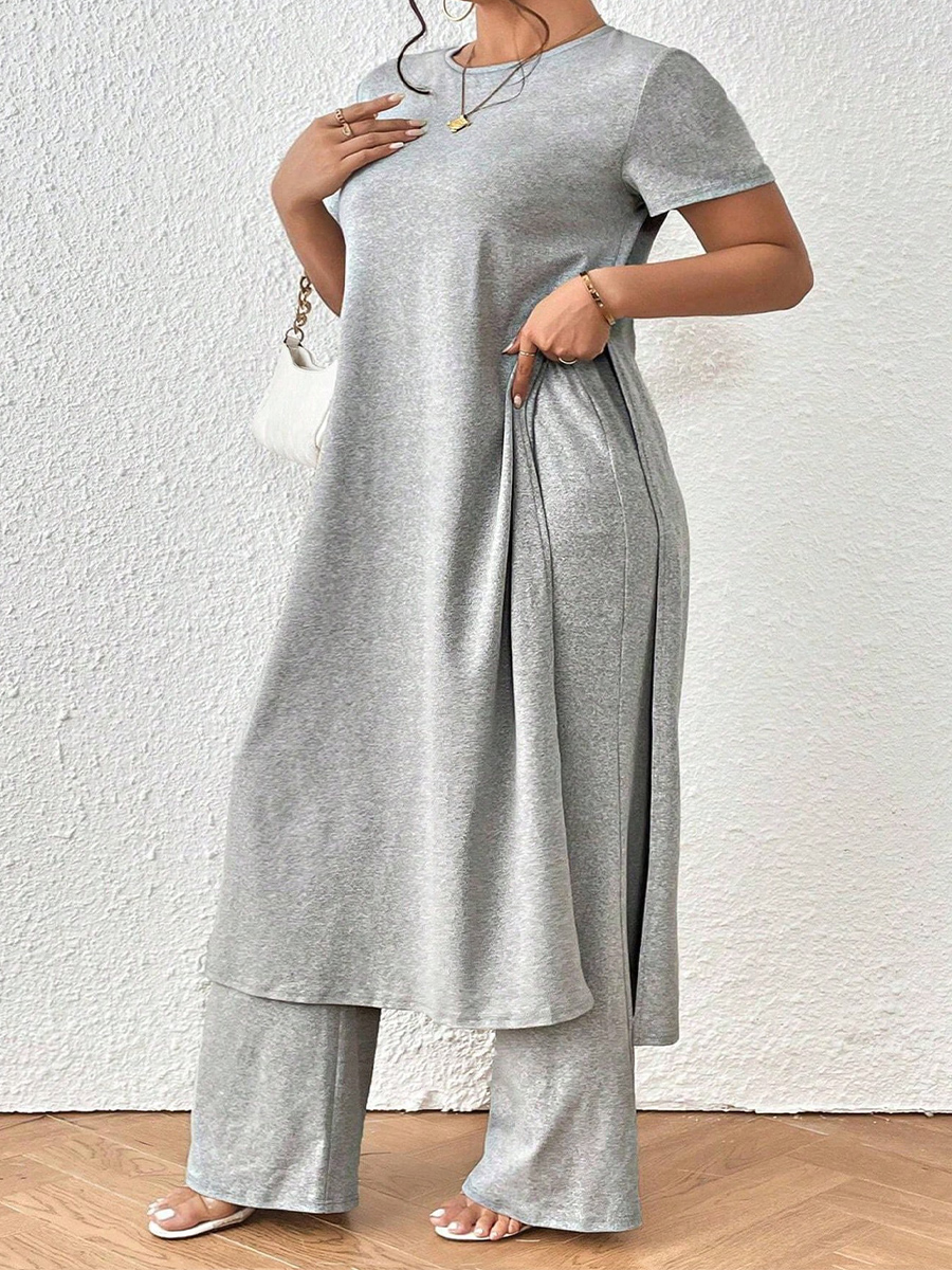 Costume de travail élégant grande taille printemps-été, pull ample à taille décontractée, col rond, manches courtes, couleur unie