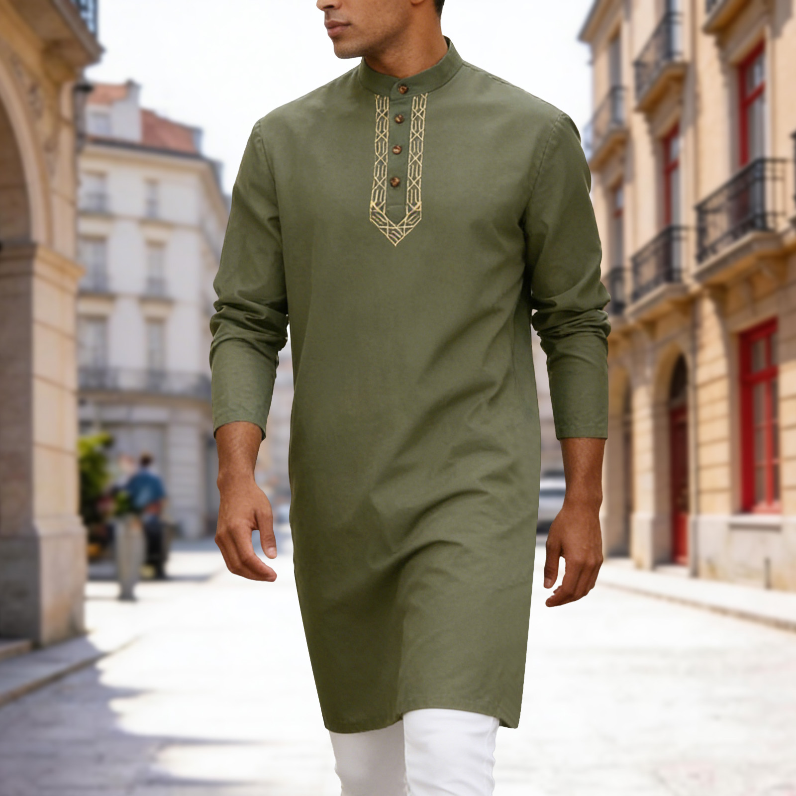 Chemise musulmane pour homme, style islamique arabe, col montant, manches longues, Blouse Jubba Thobe, Kaftan ethnique, Robe Abaya du Moyen-Orient