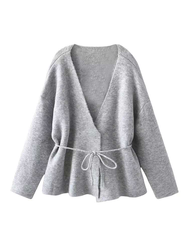 Femmes nouvelle mode hiver col en v profond 2 couleurs cravate à manches longues Cardigan pull femme élégante haute rue tricoté pull