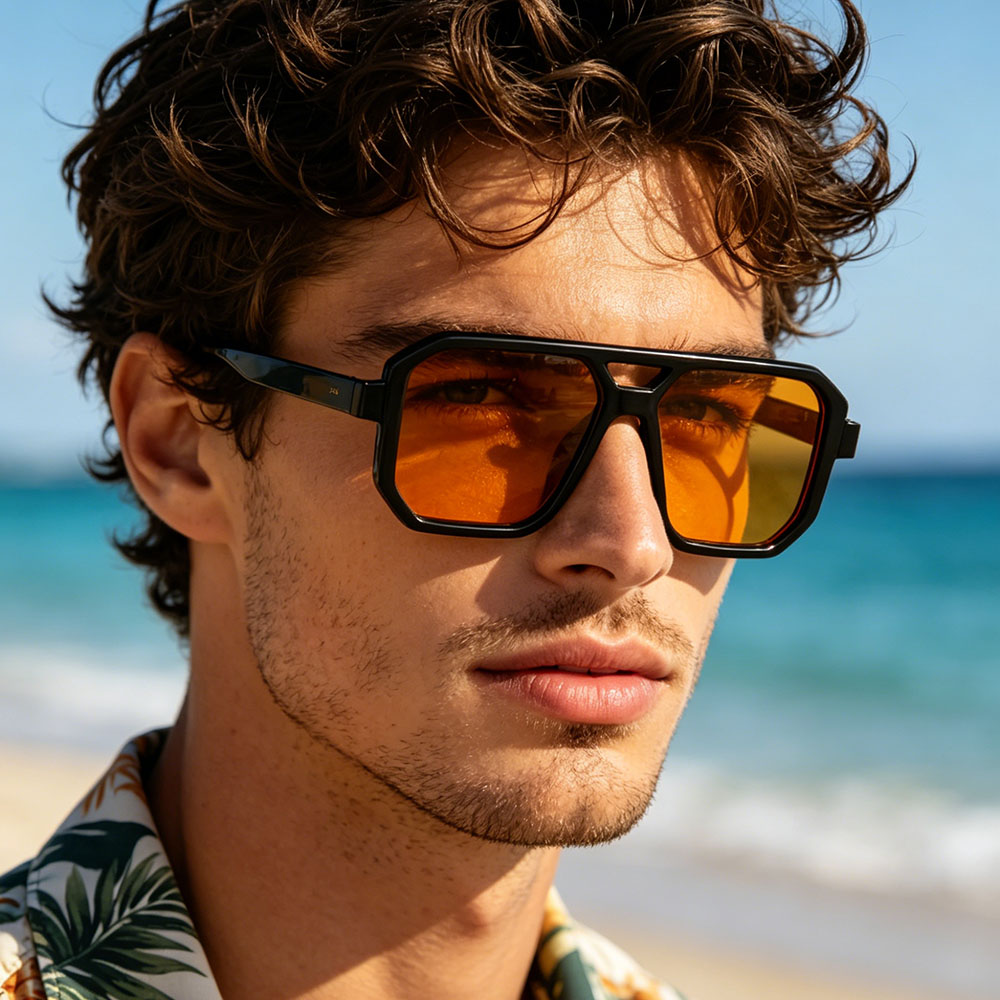 Lunettes de soleil carrées à double pont pour hommes, monture noire rétro, verres teintés orange, protection UV400, mode, plage, conduite, unisexe