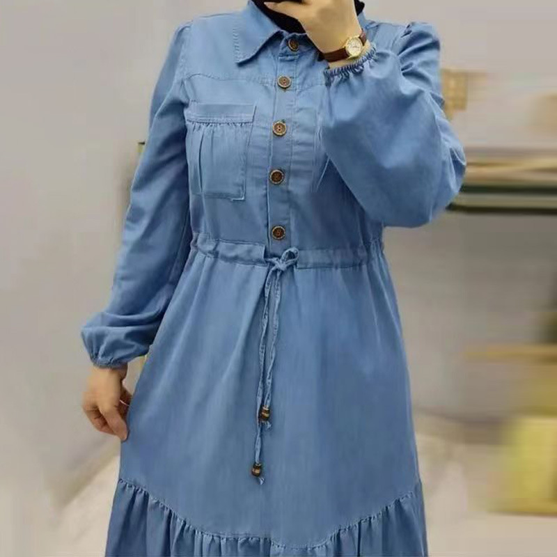 Robe Élégante en Denim à Simple Boutonnage pour Femme, Caftan Musulman à Col Rabattu, Dubaï, Turquie, Vêtements Islamiques
