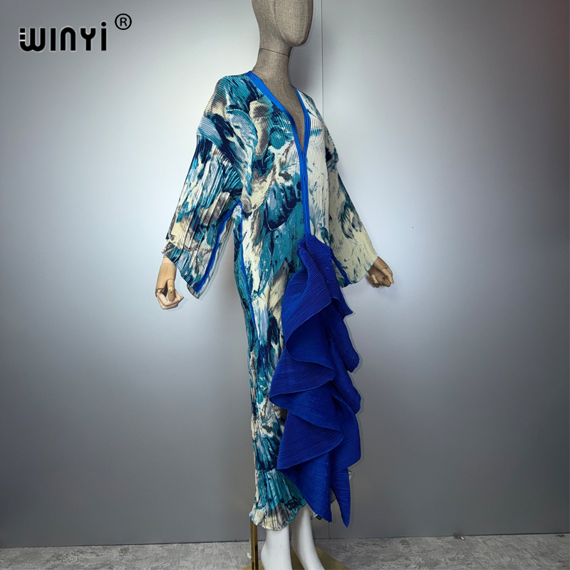 Robe Kaftan Maxi Bohème WINYI Style Moyen-Orient Élégante Plissée Cache-maillot de Plage Élastique Luxe Soirée Fête Dubaï Abaya