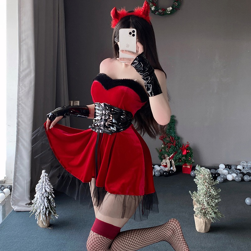 Costume de démon pour femme, robe en velours rouge, cape, ceinture, tenue de fête cosplay pour Halloween