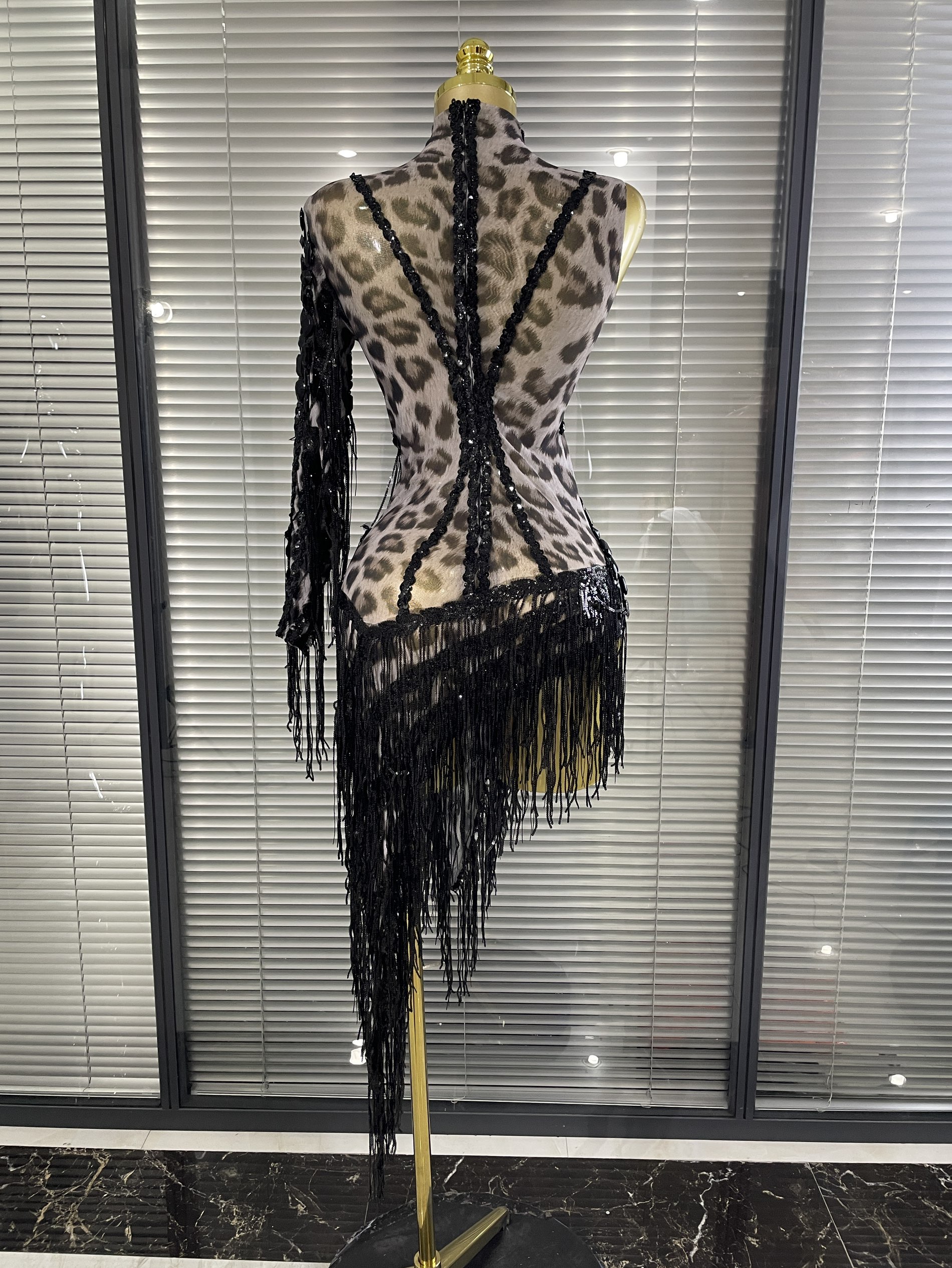 Nouvelle robe moulante mini asymétrique pour femme, couleur léopard, sexy, en maille transparente, à franges, pour soirée, boîte de nuit, scène