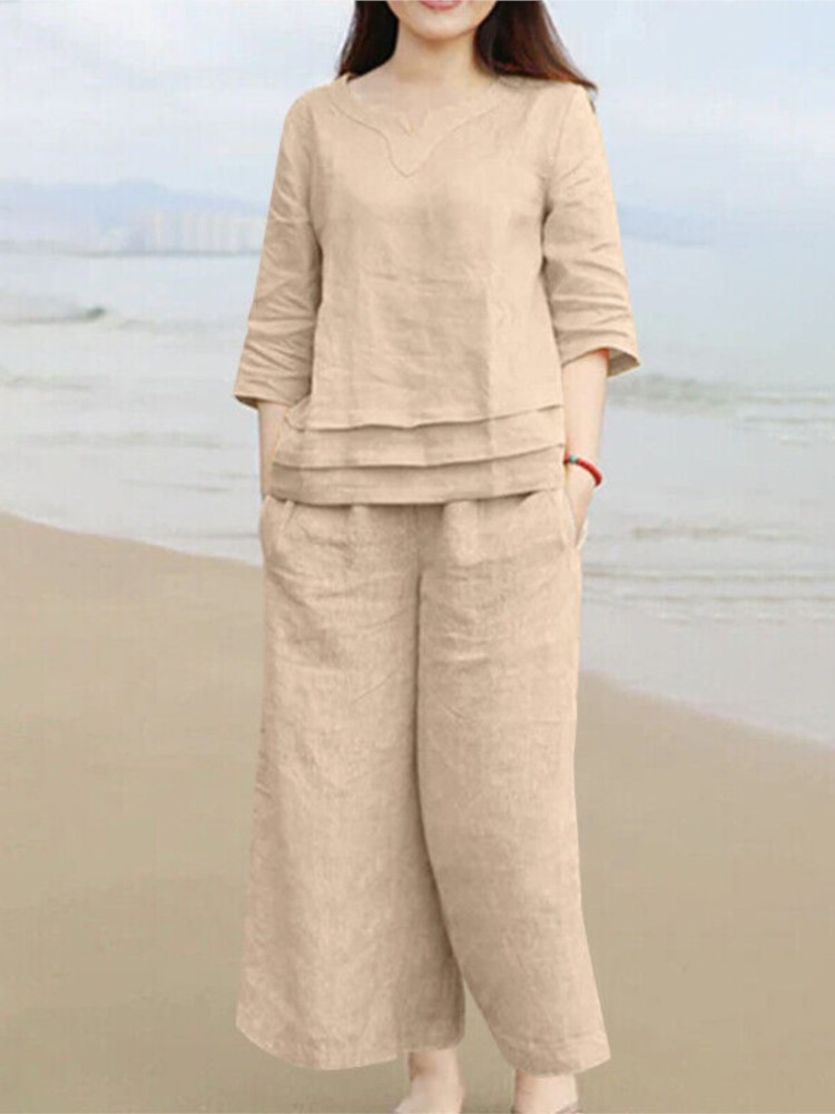 Ensemble pantalon en coton et lin pour femmes, nouveaux Styles décontractés, ample, couleur unie, manchette centrale, poche, ensemble deux pièces, printemps été