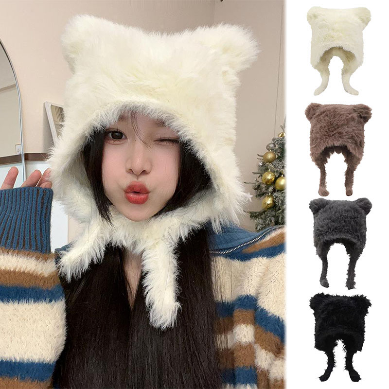 Chapeau d'hiver en peluche pour femmes, bonnet chaud de Protection des oreilles, bonnet pour filles, mignon, couleur unie, fausse fourrure, tricoté chaud