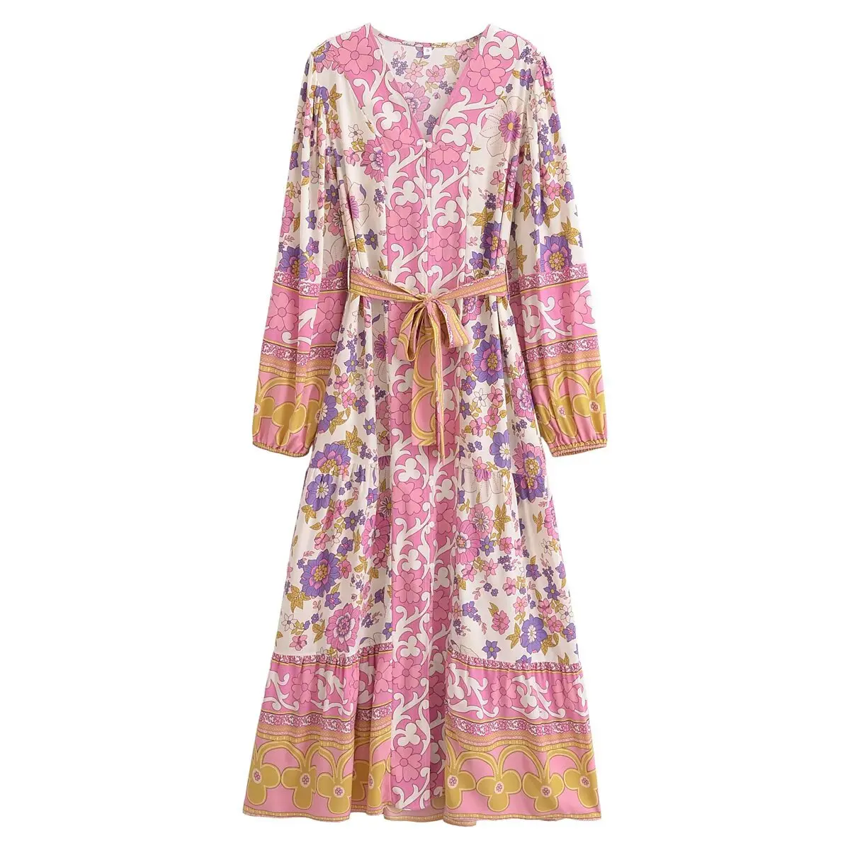 Boho Queens femmes élégant mode simple boutonnage imprimé fleuri boutonnage bohème Maxi Robe dame vacances plage Boho Robe Robe