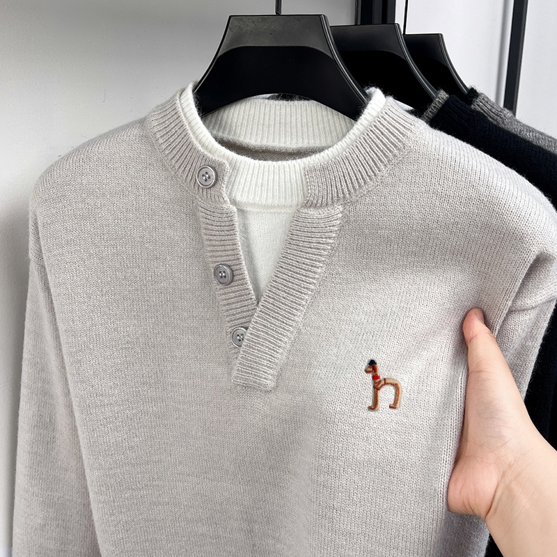 Pull de luxe à manches longues pour hommes, faux deux pièces, boutons, blocs de couleur, broderie, tricot confortable, vêtements de loisirs pour hommes