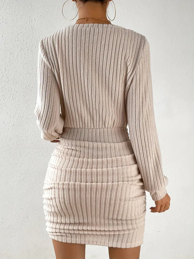Femmes automne hiver tricoté pull Mini Robe femme décontracté solide enveloppement col en v à manches longues chaud moulante robes courtes Robe