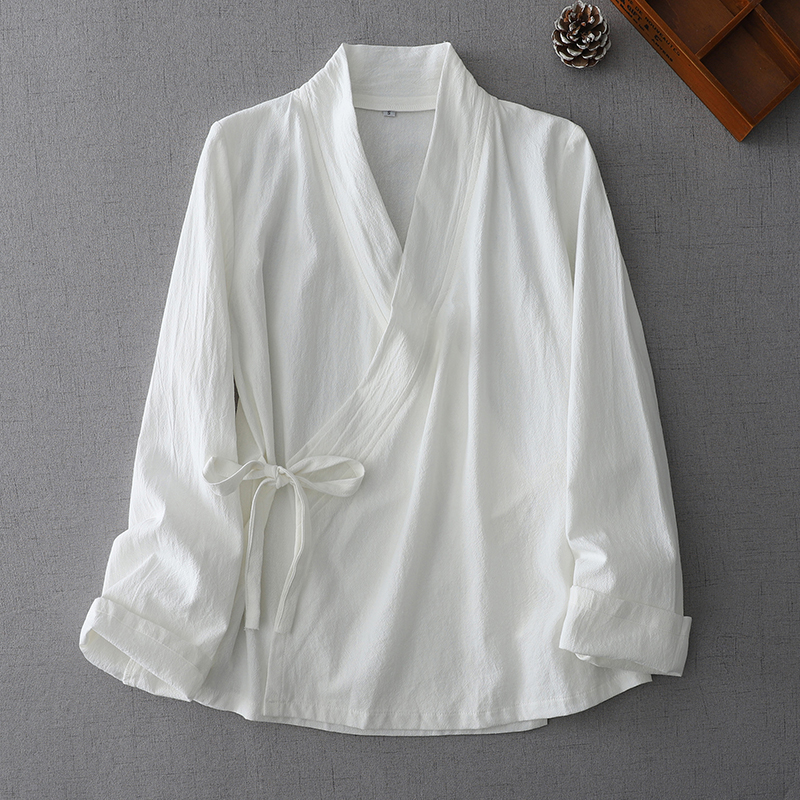 Style chinois femmes Wrap cravate devant Kimono chemise Blouse printemps été Boho coton Cardigan haut noir blanc Vintage vêtements