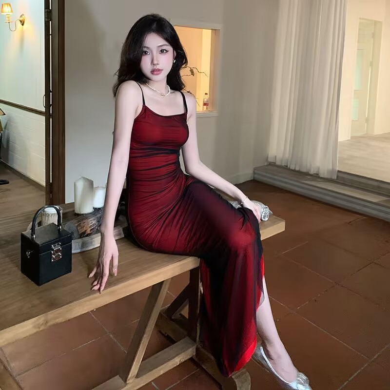 Robe longue froncée à bretelles spaghetti pour femmes, corset français, rouge vin, tenue de soirée élégante, vintage