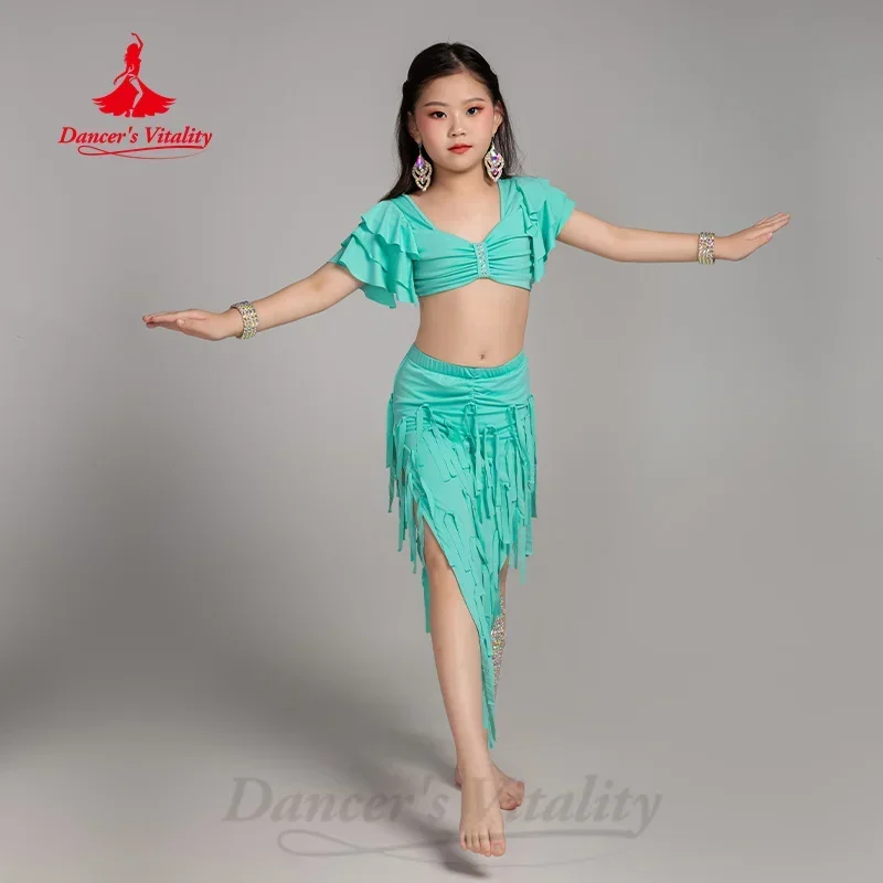 Tenue de danse du ventre pour filles, costume d'entraînement élégant avec pompon, vêtements d'entraînement professionnel de danse orientale pour enfants